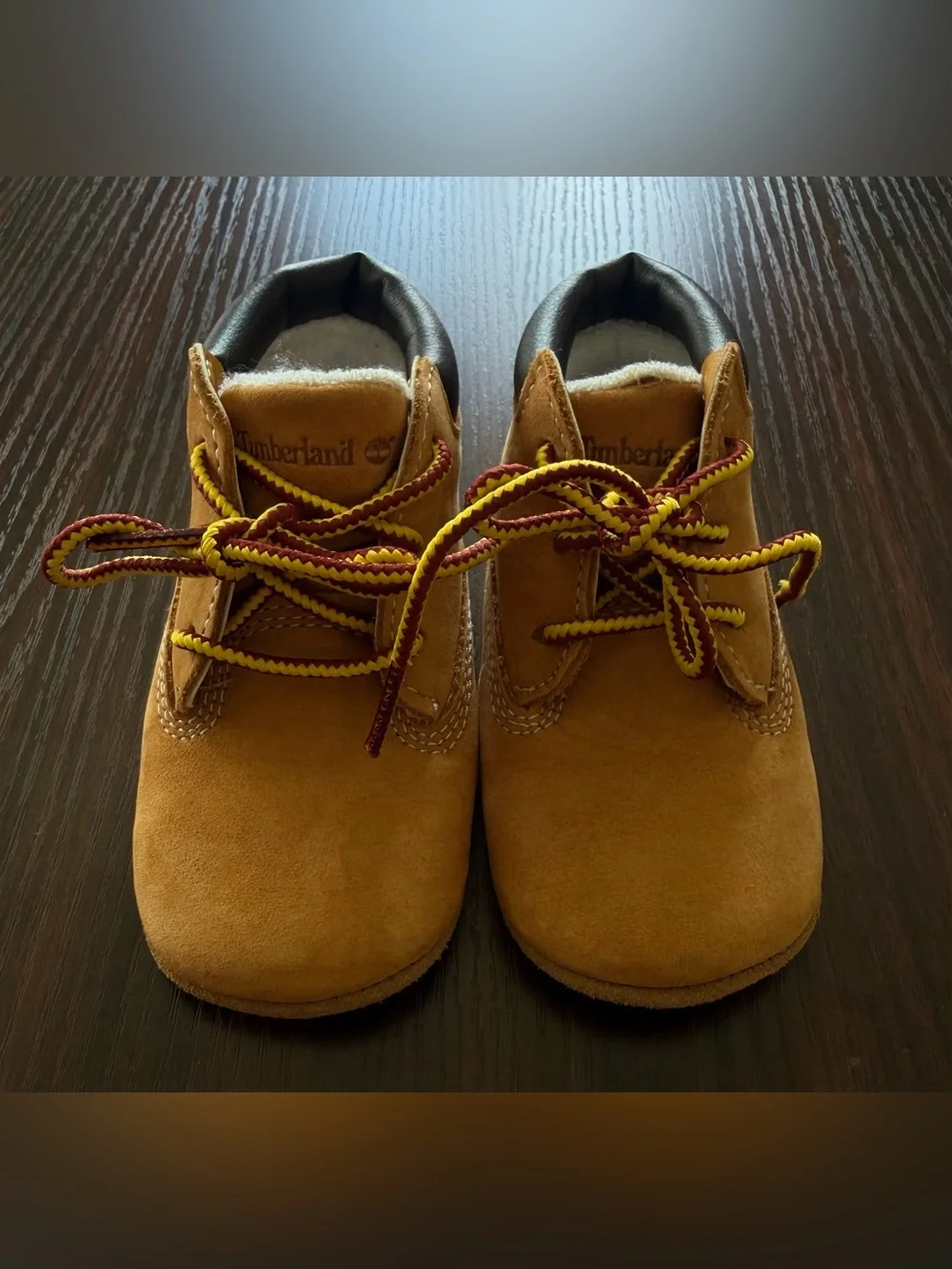 Timberland Size 3 Tan Suede Lace-Up Boots with Yellow & Burgundy Laces